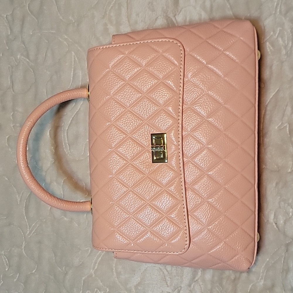 Pink Quilted Pattern Genuine Leather Bag